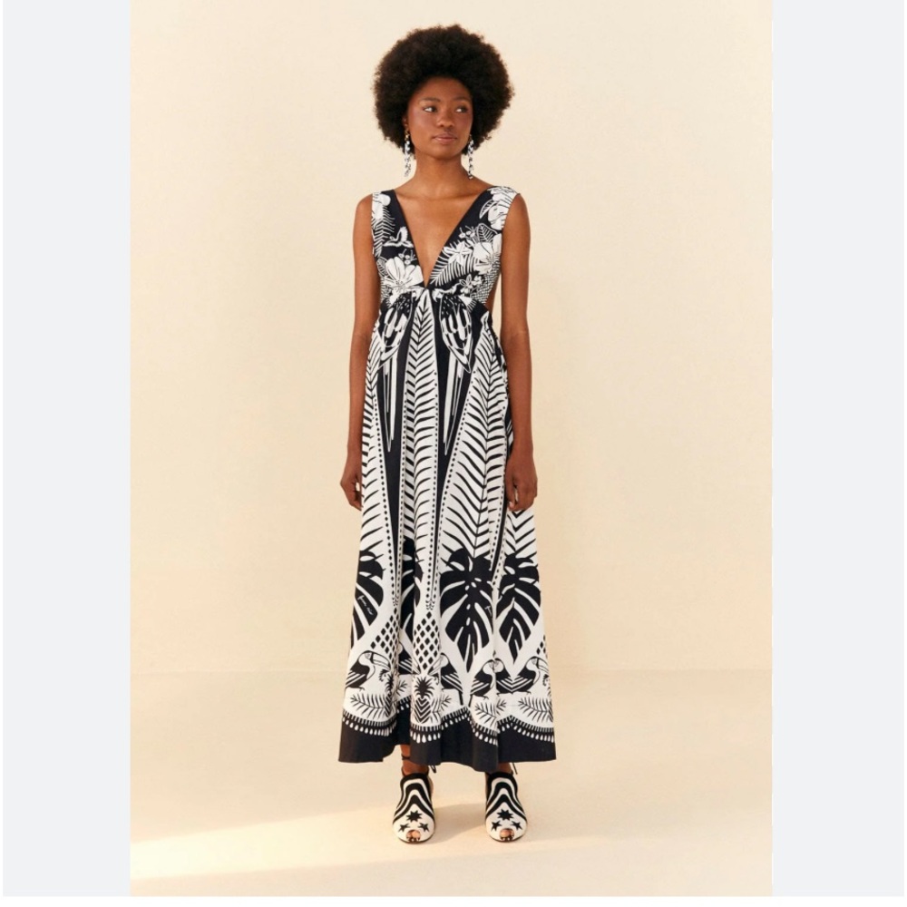 NWT Farm Rio: Anthropologie Farm Rio Macaw Elegance Black Cotton Maxi Dress - Picture 6 of 8